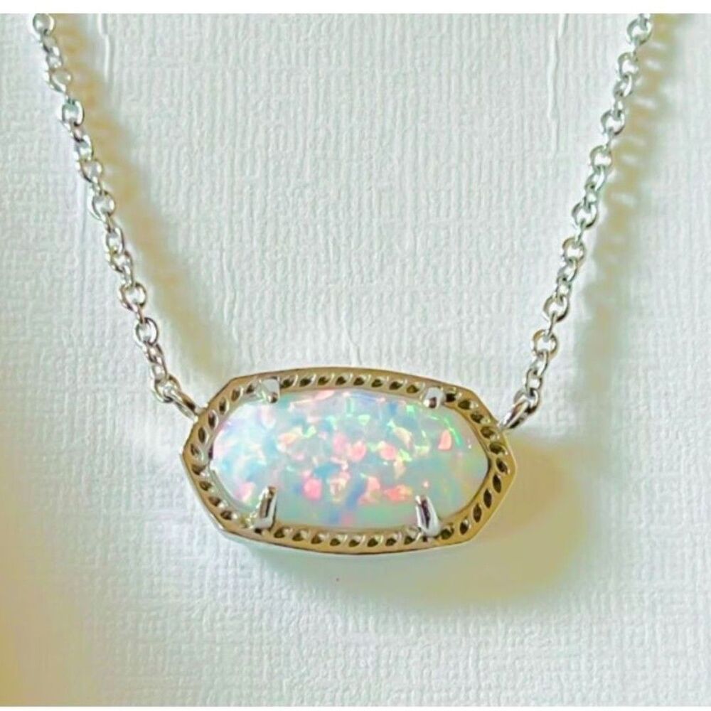 NWT Kendra Scott Elisa White Kyocera Lab Grown Opal Silver Pendant Necklace - Picture 5 of 15
